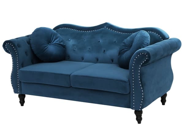 Blå fløjlssofa 2 personers fløjlsquiltet glamoursofa med runde hynder
