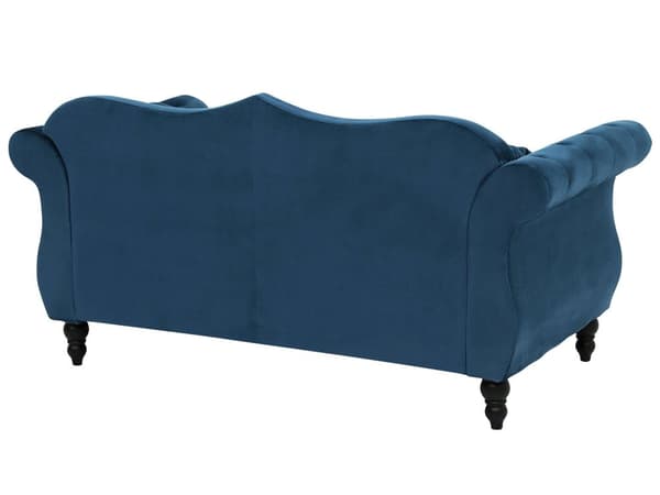 Blå fløjlssofa 2 personers fløjlsquiltet glamoursofa med runde hynder