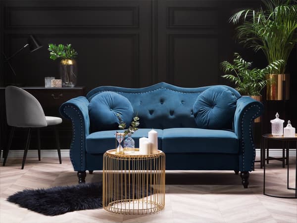Blå fløjlssofa 2 personers fløjlsquiltet glamoursofa med runde hynder