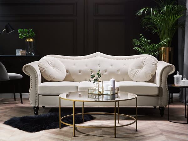 Beige velour sofa 2 personers fløjls quiltet glamour sofa med runde hynder