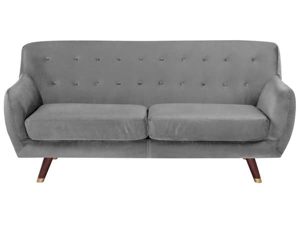 3 Personers Grå Velour Sofa Quiltede Ben Mørkt Træ med Gylden Glamourøs Moderne Stil