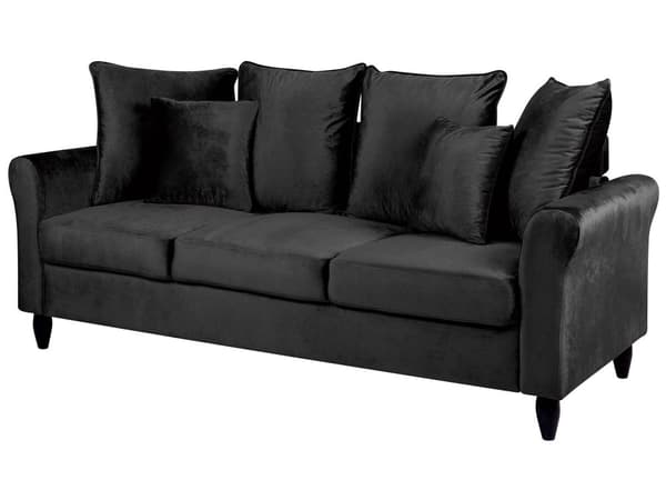 Sofa Sort Velour med Sorte Træben 197 x 79 x 76 cm 3 Personers Moderne Høj Ryg Dyb Sæde med Bløde Puder Aftagelige Betræk til Stue Indretning