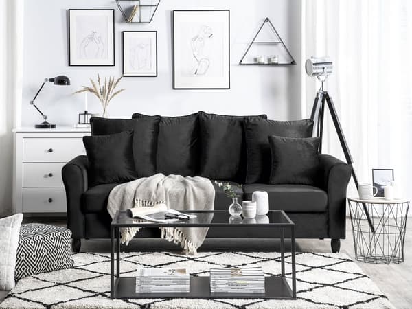 Sofa Sort Velour med Sorte Træben 197 x 79 x 76 cm 3 Personers Moderne Høj Ryg Dyb Sæde med Bløde Puder Aftagelige Betræk til Stue Indretning