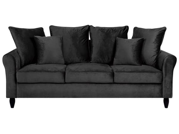 Sofa Sort Velour med Sorte Træben 197 x 79 x 76 cm 3 Personers Moderne Høj Ryg Dyb Sæde med Bløde Puder Aftagelige Betræk til Stue Indretning