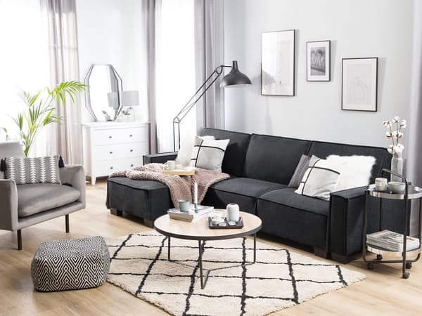 Kulmavuodesohva grafiitinharmaa kangas verhoiltu kolmelle oikeakätinen taitettava selkänoja moderni tyyli