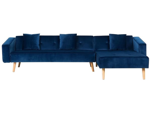 Hörnbäddsoffa med 3 Kuddar Blå Sammet Stoppad Trä Ben Tillbakalutande Vänstervänd Schäslong 4-sits