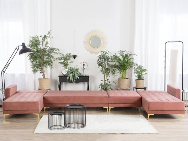 Hörnbäddsoffa Rosa Sammet Tuftad Modern U-formad Modulär 6-sits