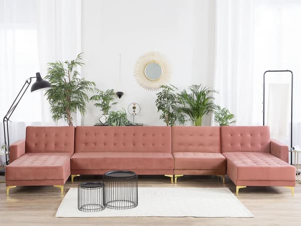 Hörnbäddsoffa Rosa Sammet Tuftad Modern U-formad Modulär 6-sits