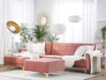 Miniatyrbillede 2 af 8: Hjørnesofa Chaiselong Lyserød Velour Skumfyld og Guld Krom Metalben 4 personers L-formet Moderne Ottoman Tuftet Klik Klak modul Sovefunktion