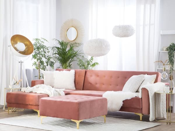 Hjørnesofa Chaiselong Lyserød Velour Skumfyld og Guld Krom Metalben 4 personers L-formet Moderne Ottoman Tuftet Klik Klak modul Sovefunktion
