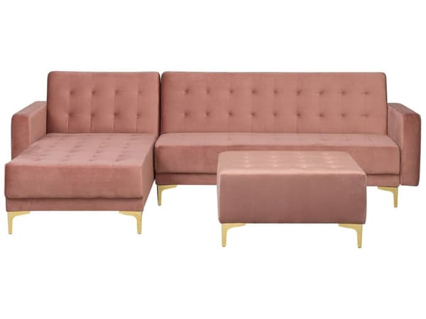 Hjørnesofa Chaiselong Lyserød Velour Skumfyld og Guld Krom Metalben 4 personers L-formet Moderne Ottoman Tuftet Klik Klak modul Sovefunktion
