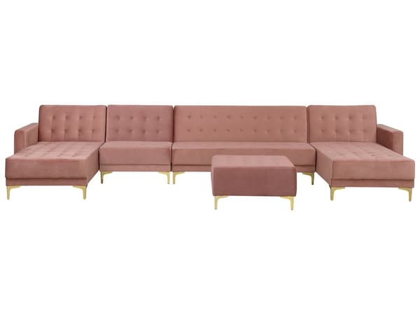 Sofa Chaiselong Lyserød Velour med Skumfyld og Guld Krom Metalben 6 personers U-formet Moderne Ottoman Tuftet Klik Klak modul Sovefunktion
