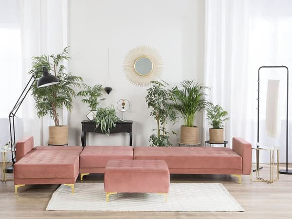 Hjørnesofa Chaiselong Lyserød Velour Skumfyld og Guld Krom Metalben 5 personers L-formet Moderne Ottoman Tuftet Klik Klak modul Sovefunktion