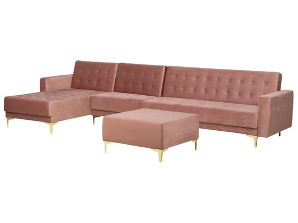 Hjørnesofa Chaiselong Lyserød Velour Skumfyld og Guld Krom Metalben 5 personers L-formet Moderne Ottoman Tuftet Klik Klak modul Sovefunktion