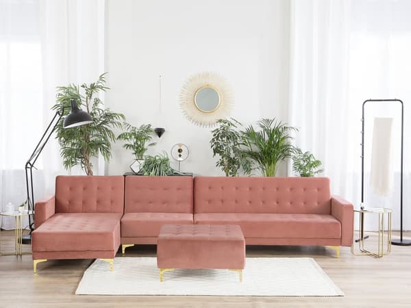 Hjørnesofa Chaiselong Lyserød Velour Skumfyld og Guld Krom Metalben 5 personers L-formet Moderne Ottoman Tuftet Klik Klak modul Sovefunktion