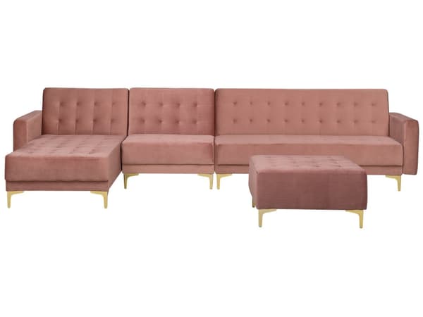 Hjørnesofa Chaiselong Lyserød Velour Skumfyld og Guld Krom Metalben 5 personers L-formet Moderne Ottoman Tuftet Klik Klak modul Sovefunktion