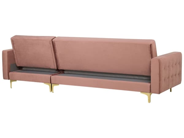 Hjørnesofa Chaiselong Lyserød Velour Skumfyld og Guld Krom Metalben 4 personers L-formet Moderne Ottoman Tuftet Klik Klak modul Sovefunktion