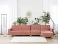 Miniatyrbillede 2 af 8: Hjørnesofa Chaiselong Lyserød Velour Skumfyld Guld Krom Metalben 5 personers L-formet Moderne Tuftet Klik Klak modul Sovefunktion Stue dekor
