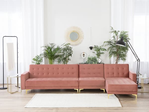 Hjørnesofa Chaiselong Lyserød Velour Skumfyld Guld Krom Metalben 5 personers L-formet Moderne Tuftet Klik Klak modul Sovefunktion Stue dekor