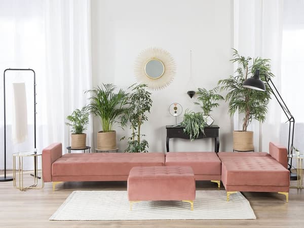 Sofa Chaiselong Lyserød Velour med Skumfyld og Guld Krom Metalben 5 personers L-formet Moderne Ottoman Tuftet Klik Klak modul Sovefunktion