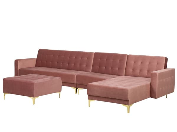 Sofa Chaiselong Lyserød Velour med Skumfyld og Guld Krom Metalben 5 personers L-formet Moderne Ottoman Tuftet Klik Klak modul Sovefunktion