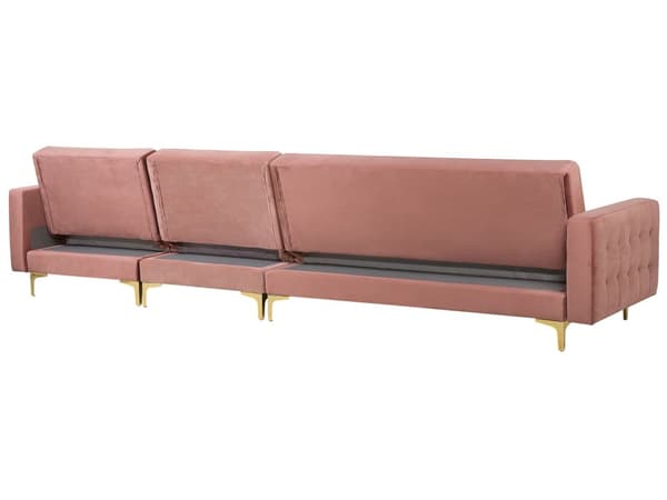 Sofa Chaiselong Lyserød Velour med Skumfyld og Guld Krom Metalben 5 personers L-formet Moderne Ottoman Tuftet Klik Klak modul Sovefunktion