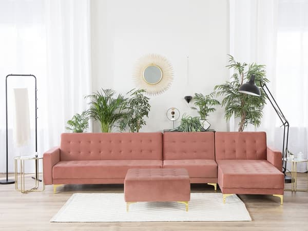 Sofa Chaiselong Lyserød Velour med Skumfyld og Guld Krom Metalben 5 personers L-formet Moderne Ottoman Tuftet Klik Klak modul Sovefunktion
