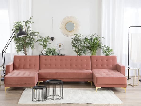 Sofa Chaiselong Lyserød Velour med Skumfyld og Guld Krom Metalben 5 personers U-formet Moderne Tuftet Klik Klak modul Sovefunktion Stue dekor