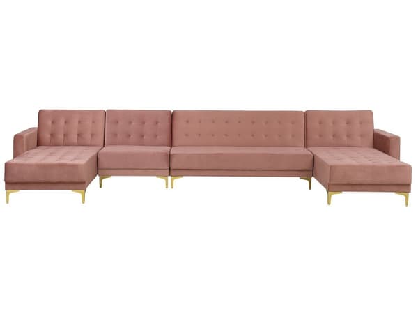 Sofa Chaiselong Lyserød Velour med Skumfyld og Guld Krom Metalben 6 personers U-formet Moderne Tuftet Klik Klak modul Sovefunktion Stue dekor