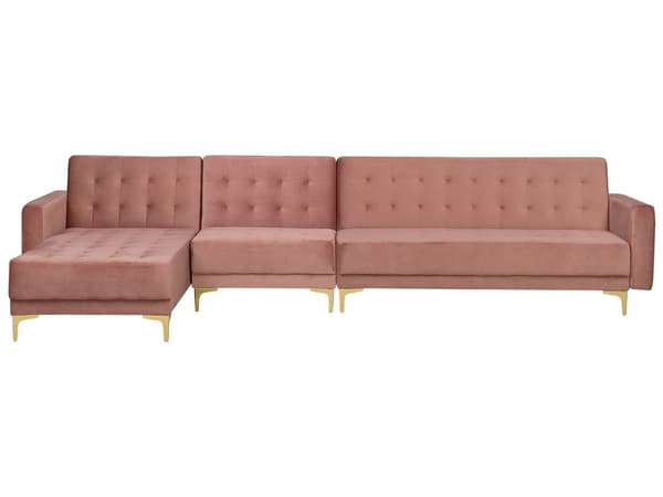 Hjørnesofa Chaiselong Lyserød Velour Skumfyld Guld Krom Metalben 5 personers L-formet Moderne Tuftet Klik Klak modul Sovefunktion Stue dekor