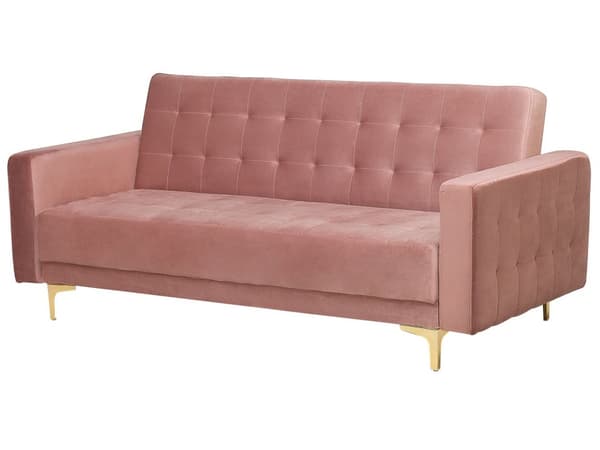 Sofa Lyserød Velour med Skumfyld og Guld Krom Metalben 3 personers 186 x 88 x 83 cm Moderne Tuftet Klik Klak modul Sovefunktion stueindretning