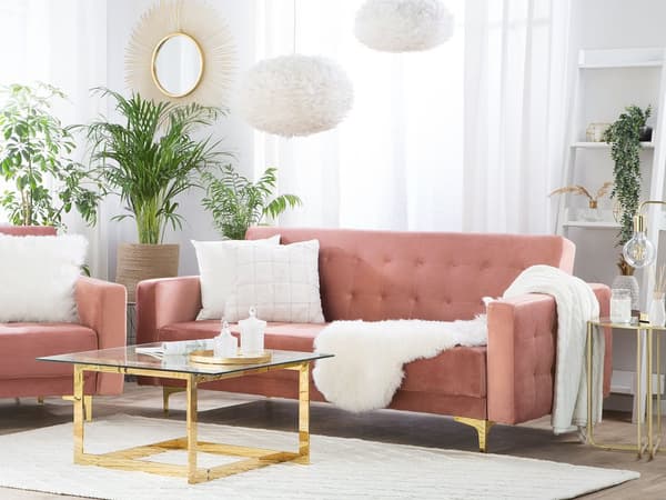 Sofa Lyserød Velour med Skumfyld og Guld Krom Metalben 3 personers 186 x 88 x 83 cm Moderne Tuftet Klik Klak modul Sovefunktion stueindretning