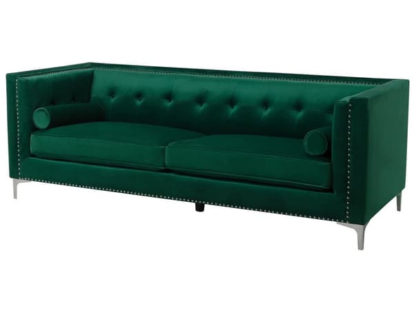 Sohva smaragdinvihreä sametti verhoiltu kolmelle napitettu verhoilunaulat koristetyynyt glamour retro tyyli