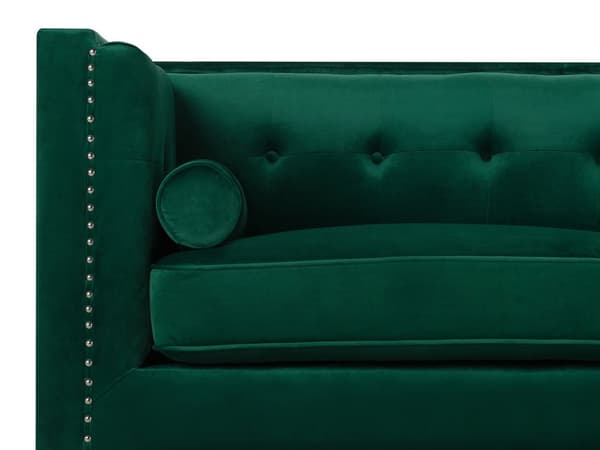 Sohva smaragdinvihreä sametti verhoiltu kolmelle napitettu verhoilunaulat koristetyynyt glamour retro tyyli