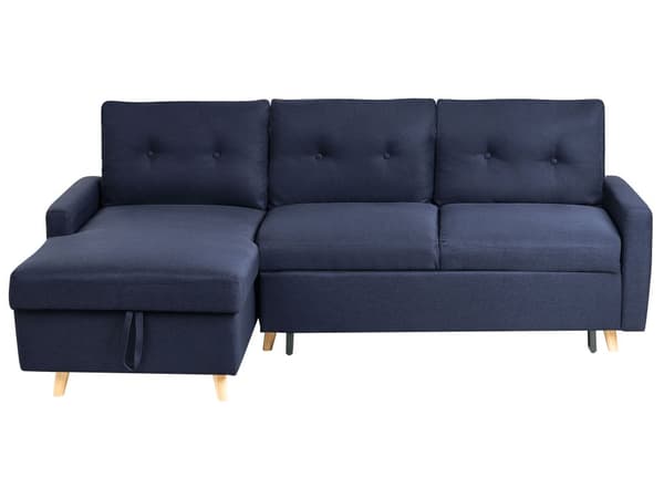 Højrevendt Hjørnesovesofa Blå 3 Personers med Sovefunktion og Opbevaring Quiltet Skandinavisk Stil