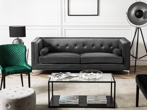 Soffa 3-sits Sammet Mörkgrå Glam Knappat Ryggstöd