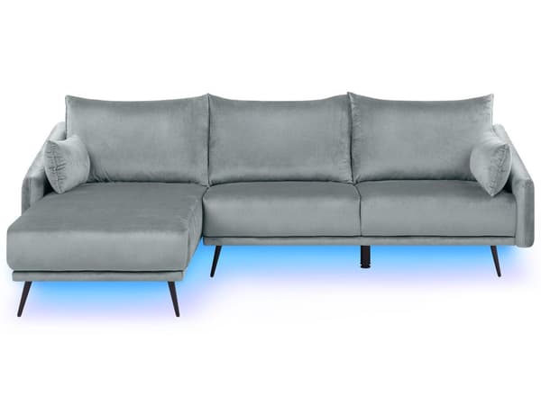 Hörnsoffa Grå Sammet med LED-lampor Högervänd L-formad 3-sits med Schäslong Metall Ben Modern Vardagsrum