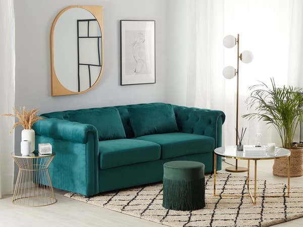 Vuodesohva vihreä 200 x 75 x 90 cm samettiverhoilu kolmelle chesterfield