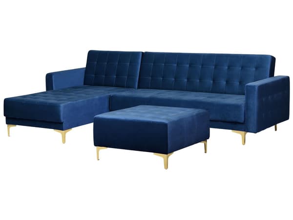 Hjørnesofa Chaiselong Blå Velour med Skumfyld og Guld Krom Metalben 4 personers L-formet Moderne Ottoman Tuftet Klik Klak modul Sovefunktion