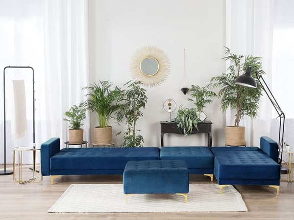 Hjørnesofa Chaiselong Blå Velour med Skumfyld og Guld Krom Metalben 5 personers L-formet Moderne Ottoman Tuftet Klik Klak modul Sovefunktion