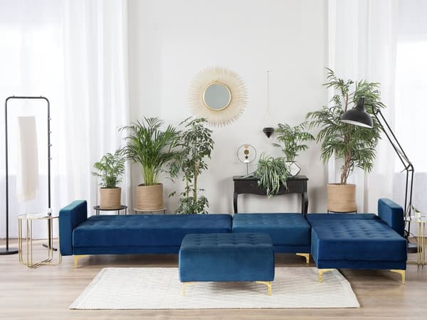 Hjørnesofa Chaiselong Blå Velour med Skumfyld og Guld Krom Metalben 5 personers L-formet Moderne Ottoman Tuftet Klik Klak modul Sovefunktion
