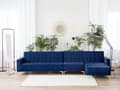 Miniatyrbillede 2 af 8: Hjørnesofa Chaiselong Blå Velour Skumfyld og Guld Krom Metalben 5 personers L-formet Moderne Tuftet Klik Klak modul Sovefunktion Stue dekor