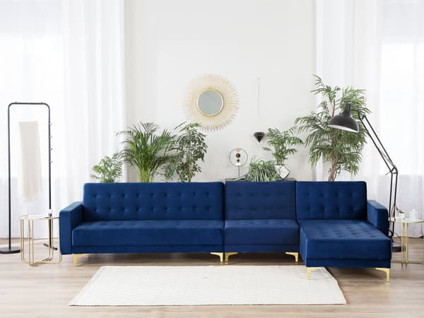 Hjørnesofa Chaiselong Blå Velour Skumfyld og Guld Krom Metalben 5 personers L-formet Moderne Tuftet Klik Klak modul Sovefunktion Stue dekor