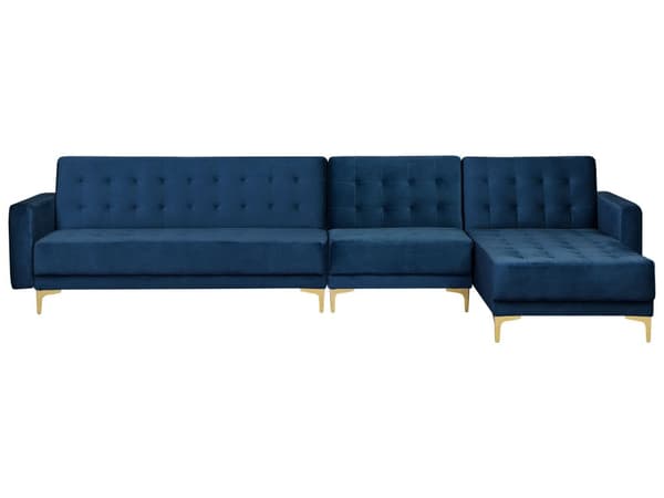 Hjørnesofa Chaiselong Blå Velour Skumfyld og Guld Krom Metalben 5 personers L-formet Moderne Tuftet Klik Klak modul Sovefunktion Stue dekor
