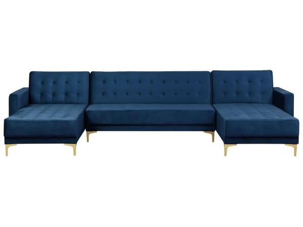 Sofa Chaiselong Blå Velour med Skumfyld og Guld Krom Metalben 5 personers U-formet Moderne Tuftet Klik Klak modul Sovefunktion Stueindretning