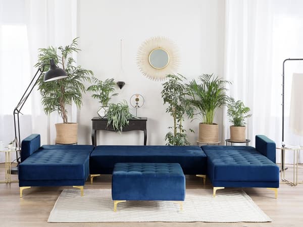 Sofa Chaiselong Blå Velour med Skumfyld og Guld Krom Metalben 5 personers U-formet Moderne Ottoman Tuftet Klik Klak modul Sovefunktion