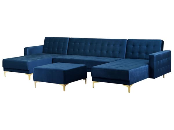 Sofa Chaiselong Blå Velour med Skumfyld og Guld Krom Metalben 5 personers U-formet Moderne Ottoman Tuftet Klik Klak modul Sovefunktion