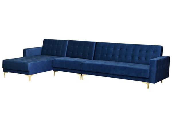 Hjørnesofa Chaiselong Blå Velourn Skumfyld og Guld Krom Metalben 5 personers L-formet Moderne Tuftet Klik Klak modul Sovefunktion Stue dekor