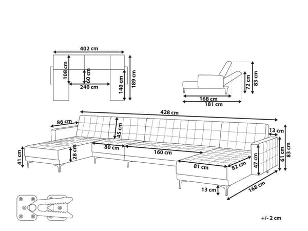 Sofa Chaiselong Blå Velour med Skumfyld og Guld Krom Metalben 6 personers U-formet Moderne Tuftet Klik Klak modul Sovefunktion Stueindretning
