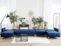 Miniatyrbillede 4 af 8: Sofa Chaiselong Blå Velour med Skumfyld og Guld Krom Metalben 6 personers U-formet Moderne Tuftet Klik Klak modul Sovefunktion Stueindretning